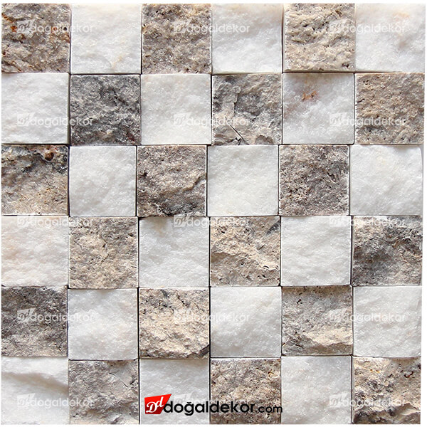 Patlatma Taş Duvar Gümüş Traverten-Beyaz Mermer 5x5 - DT1487